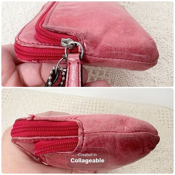 Coach Large Leather Wristlet Coral Red Double Zip Clutch Distressed - Picture 4 of 8